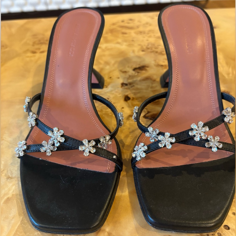 Amina Muaddi black Lily slipper with rhinestone flowers